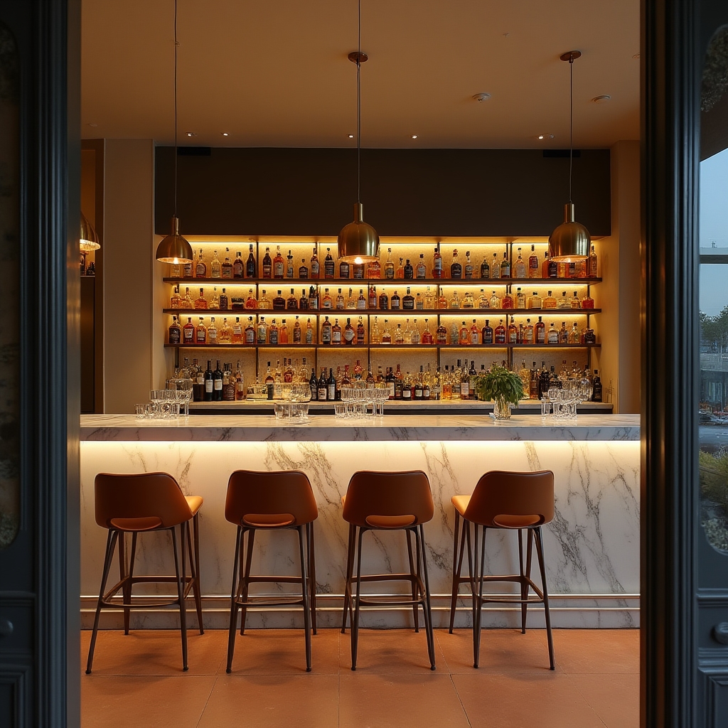 Interno di bar moderno con bancone in marmo e luci calde serali