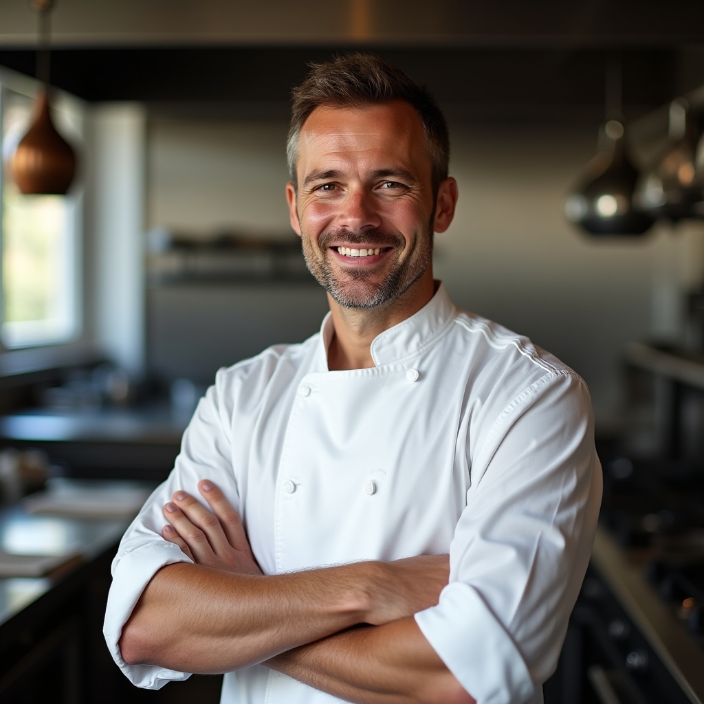 Ritratto di chef in cucina professionale con divisa bianca e sguardo diretto