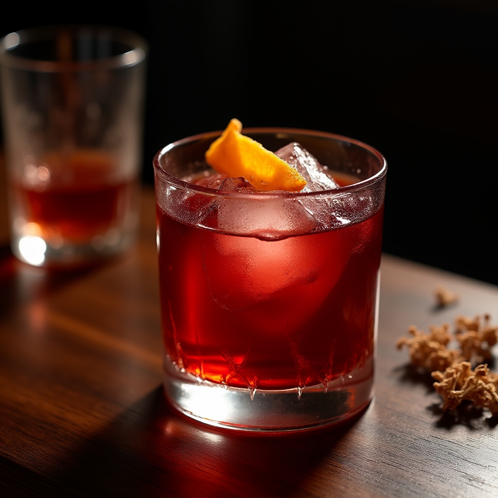 Cocktail artigianale con ghiaccio e guarnizione fotografato su bancone illuminato