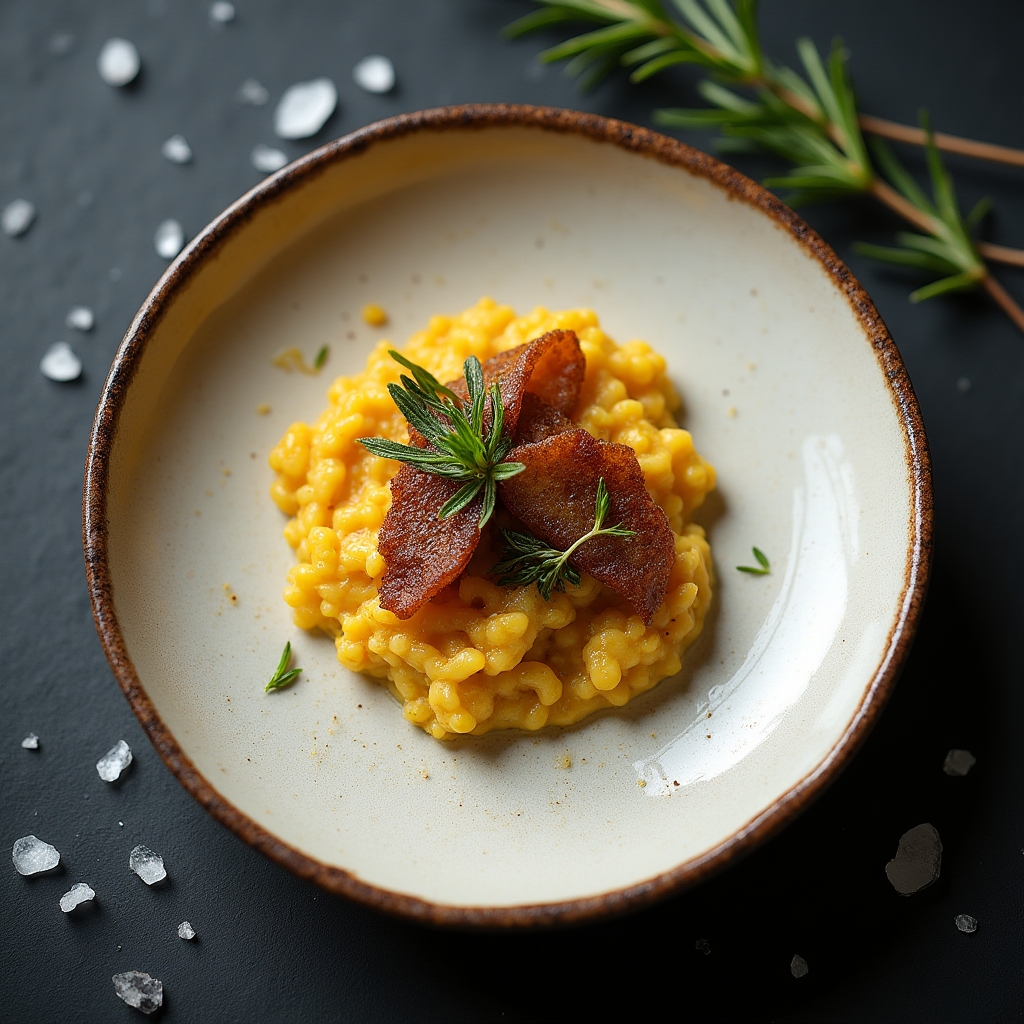 Piatto gourmet fotografato dall'alto con dettagli nitidi