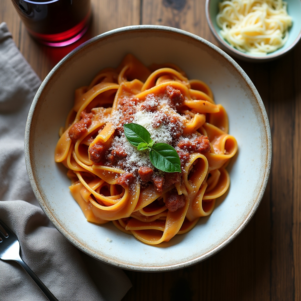 Piatto di pasta artigianale fotografato dall'alto con erbe fresche