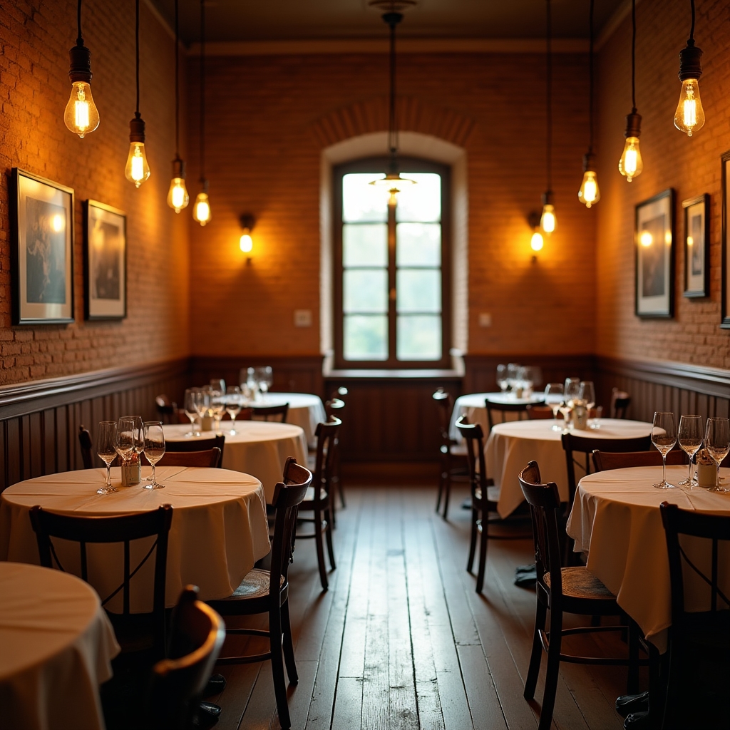 Interno di ristorante con illuminazione calda e tavoli apparecchiati
